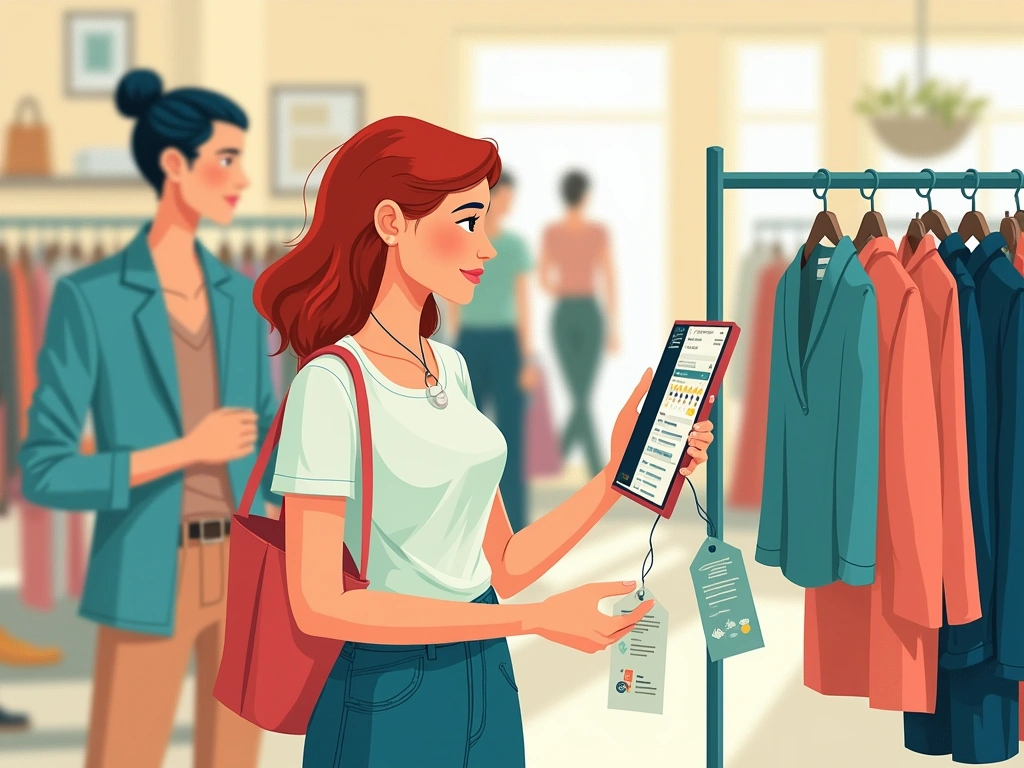 Smart Shopping illustration of a savvy shopper in a stylish boutique, examining clothing tags for sustainable practices and ethical sourcing