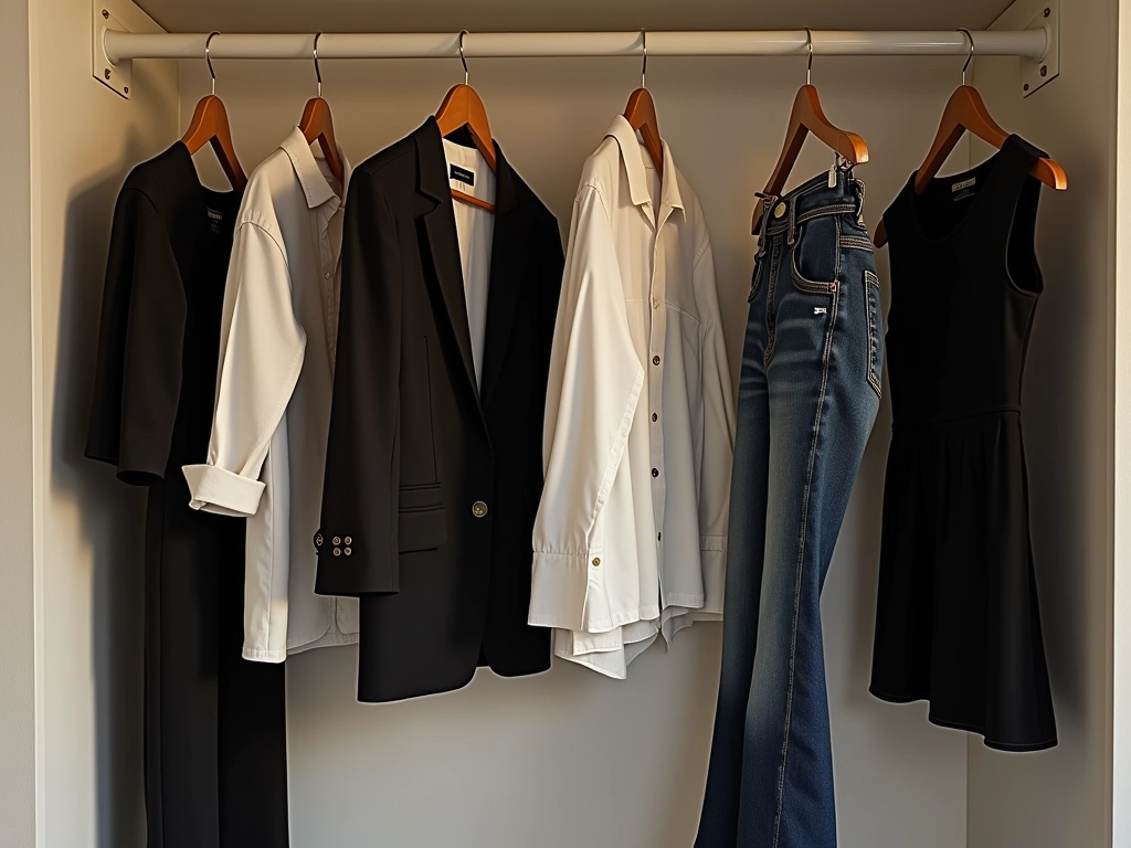 Wardrobe Essentials An organized wardrobe featuring essential pieces for every season